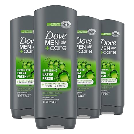 DOVE MEN + CARE Body Wash Extra Fresh for Men's Skin Care Body Wash Effectively Washes Away Bacteria While Nourishing Your Skin, 18 Fl Oz (Pack of 4)