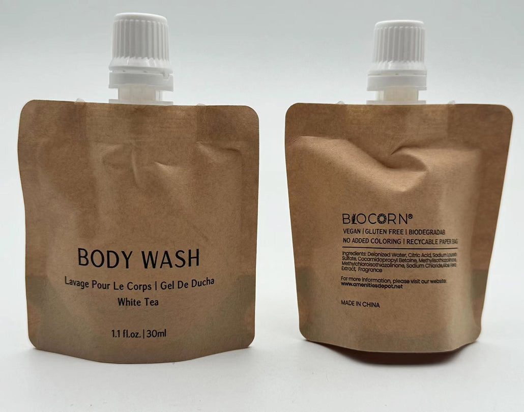 BIOCORN Body Wash Recyclable Kraft Paper Pouch Bag (100 / 200 Pack, 1.1oz/30ml)
