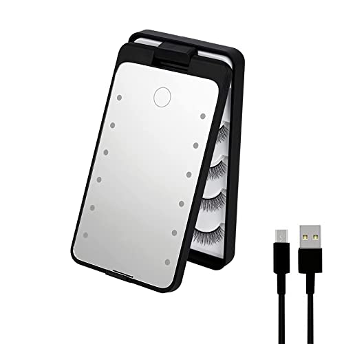 LED Eyelash Holder Case with Makeup Mirror,AREMOD Rechargeable False Eyelash Container Organizer Empty with Light Travel Eyelashes Storage Box for Makeup (Black)