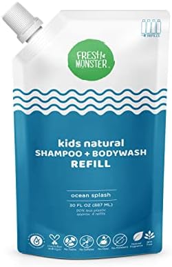 Fresh Monster 2-in-1 Kids Shampoo & Body Wash, Toxin-Free, Hypoallergenic, Natural Shampoo & Body Wash for Kids, Ocean Splash (30oz Refill Pouch)