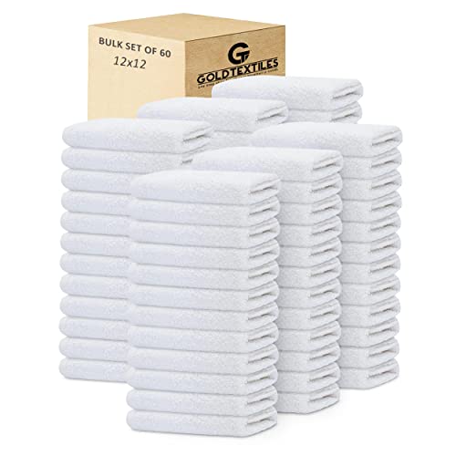 GOLD TEXTILES 60 Pack Economy White Washcloths Set (12x12 inches) - Cotton Blend Commercial Grade Cleaning Rags, Quick Drying & Soft Face Cloths, Fingertip Towels for Bathroom, Spa, Gym, and Kitchen