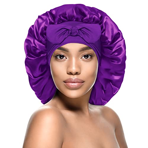 Kenllas Satin Silk Bonnet for Women - Large Sleep Cap with Tie Band for Curly Dreadlock Braid Hair Care (Purple)