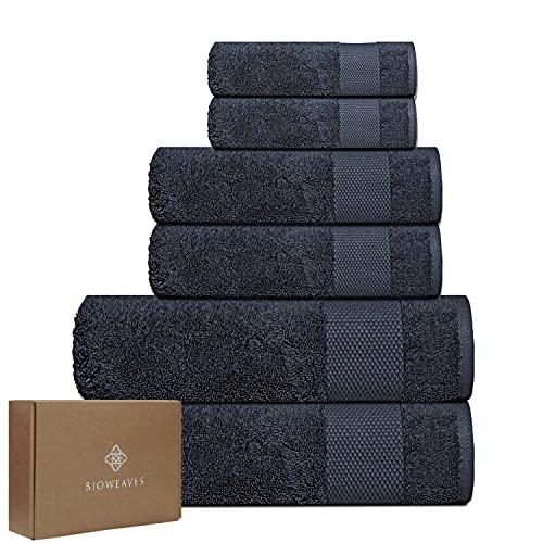 BIOWEAVES 100% Organic Cotton 700 GSM Plush 6-Piece Towel Set GOTS Certified, 2 Bath Towels, 2 Hand Towels & 2 Washcloths - Charcoal