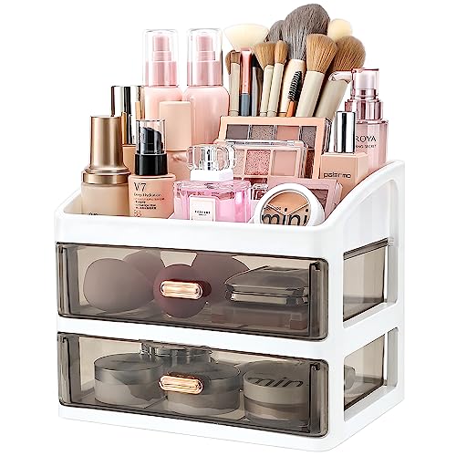 Makeup Organizer for Vanity,Large Capacity Countertop Organizer,Bathroom Bedroom Desk Cosmetic Display Cases for Skin Care Brushes Eyeshadow Lotions Lipstick Nail Polish (Black 2 Drawer)