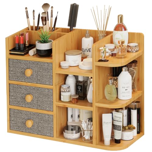 Makeup Organizer Countertop,Large Capacity Cosmetic Skincare Organizers With 3 Makeup Brush Holder/3 Drawer/7 Shelf,Make Up Storage Organizers Holder For Counter Vanity Dresser Desk Bathroom