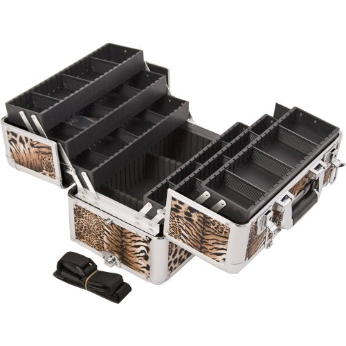 SUNRISE Professional Makeup Case E3304 Aluminum, Two 3 Tier Trays with Adjustable Dividers, Locking with Shoulder Strap, Brown Leopard