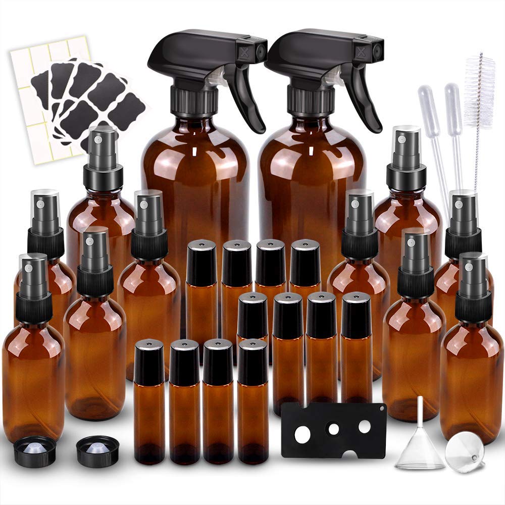 Loretoy Glass Spray Bottle Kit×10 (2×16oz, 2×4oz, 6×2oz), 9×10ml Roller Bottles, Anti UV, Multi Size and Versatile, Suitable for Aromatherapy, Facial Moisturizing, Watering, etc.(Amber)