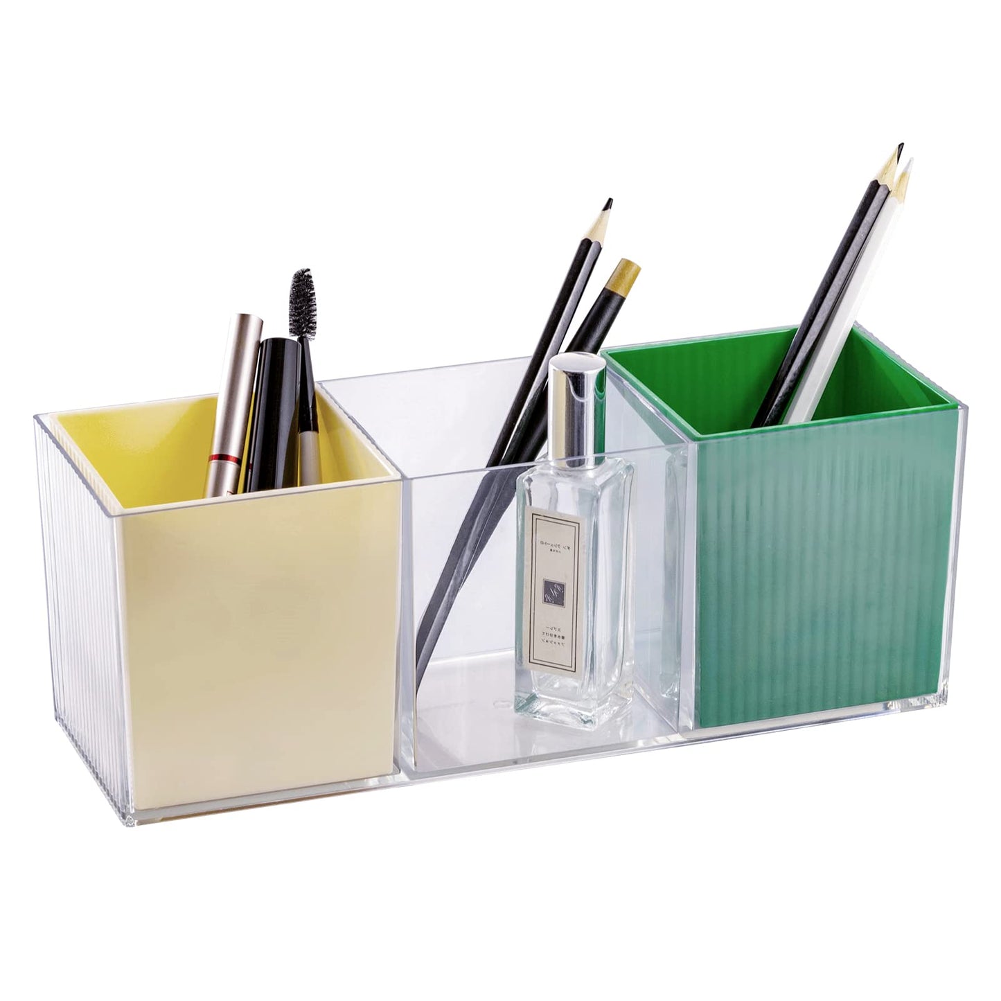 LUFOFOX Makeup Brush Holder Plastic Clear Makeup Organizer for Vanity Bathroom Countertop, Lipstick Organizer, Office Pen Holder and Pencil Holder for Desk(3 Compartments)