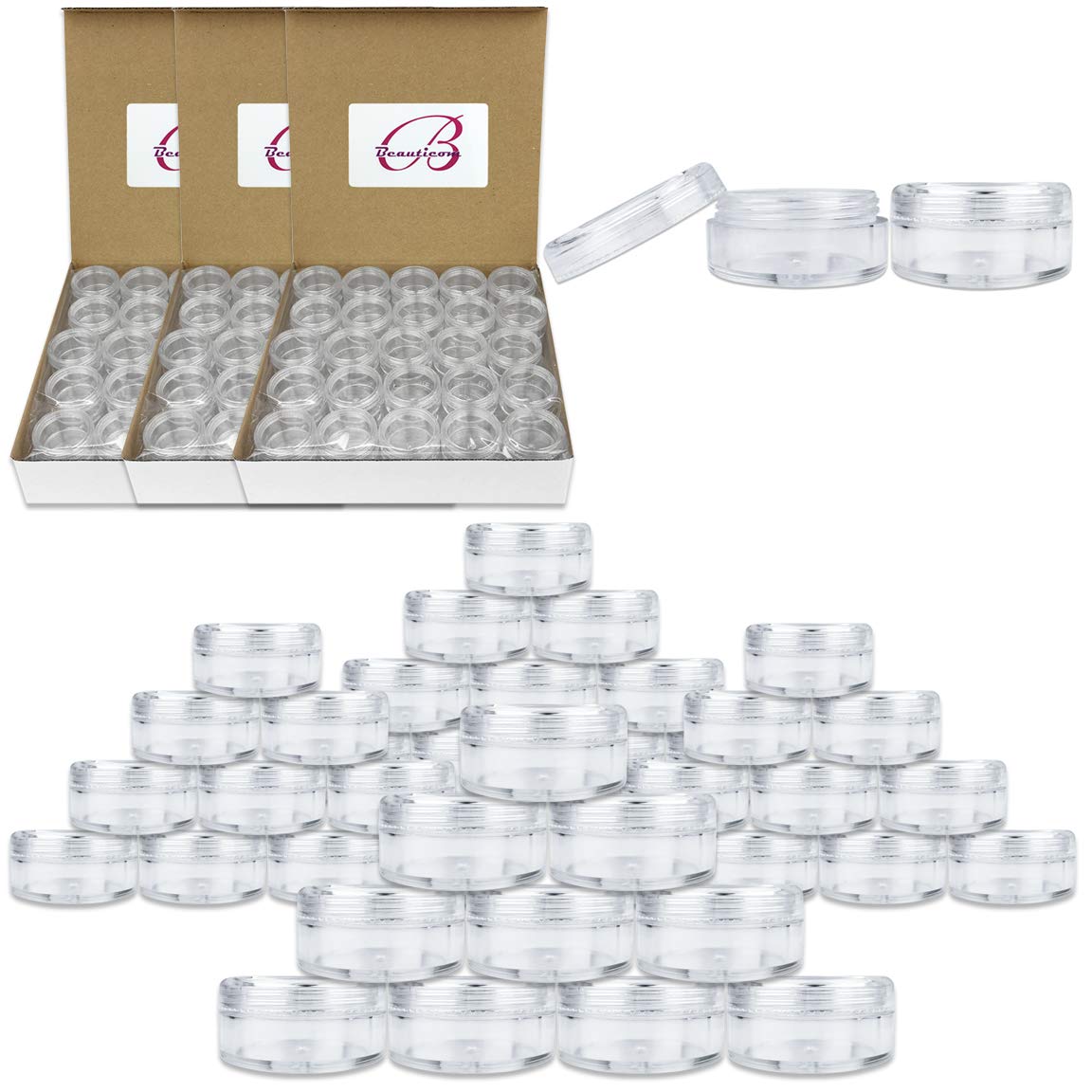 (Quantity: 200 Pieces) Beauticom 5G/5ML Round Clear Jars with Screw Cap Lid BPA Free