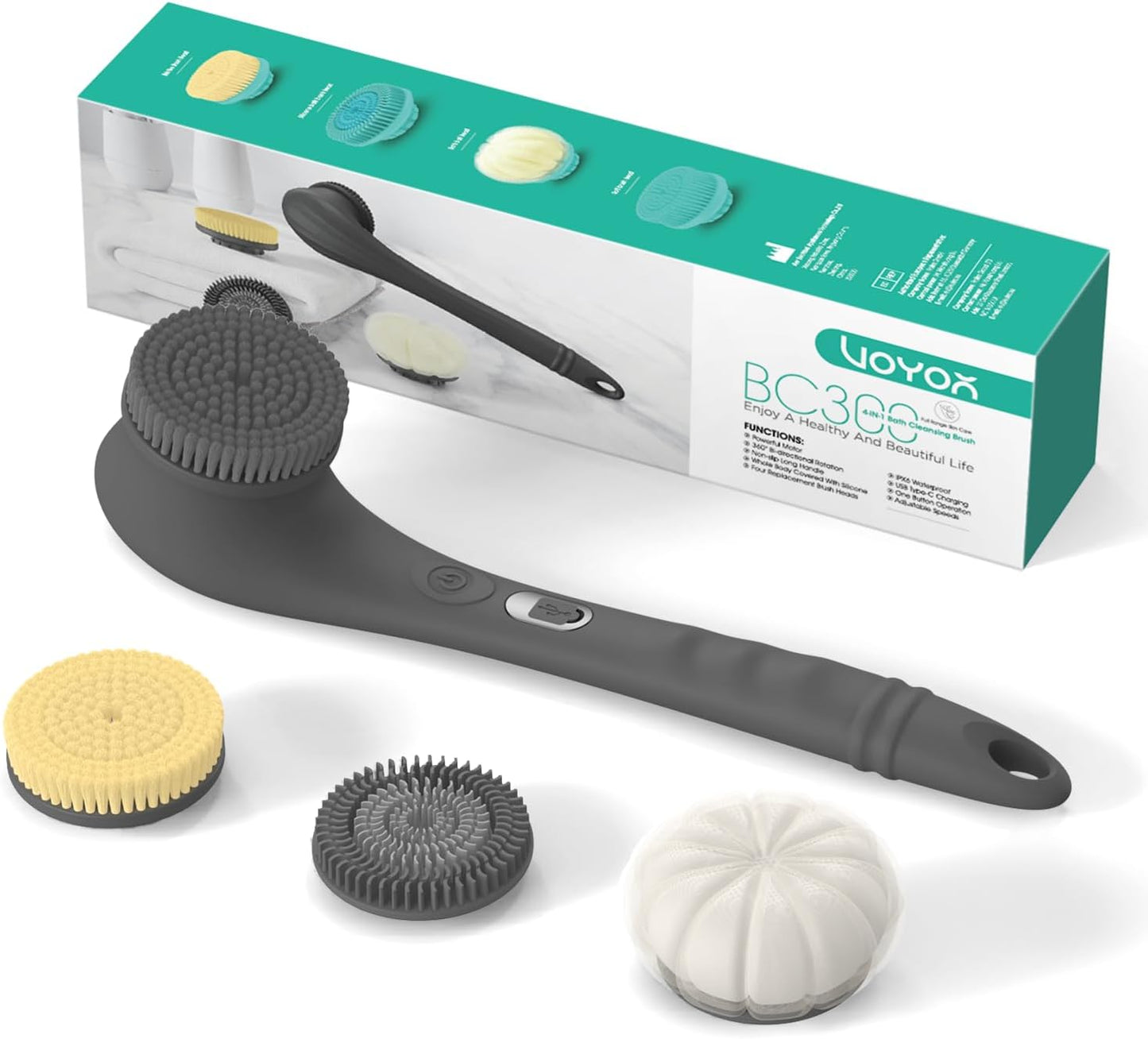 VOYOR Electric Body Brush Back Scrubber Silicone Body Scrubber Two-Way Rotating Brush Head for Deep Cleaning, Exfoliation, 4 Attachments Long Handle IPX6 Rechargeable Shower Brush BC300 (Grey)