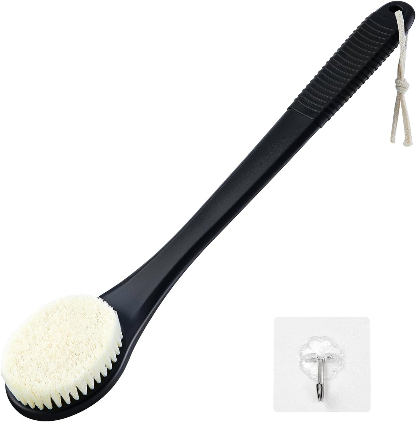 Back Scrubber for Shower, Shower Body Brush for Cleaning with Long Handle for Showering, 17 Inch Back Washer Exfoliator for Shower Men Women with Non-Slip Handle, Adhesive Hook (Black)