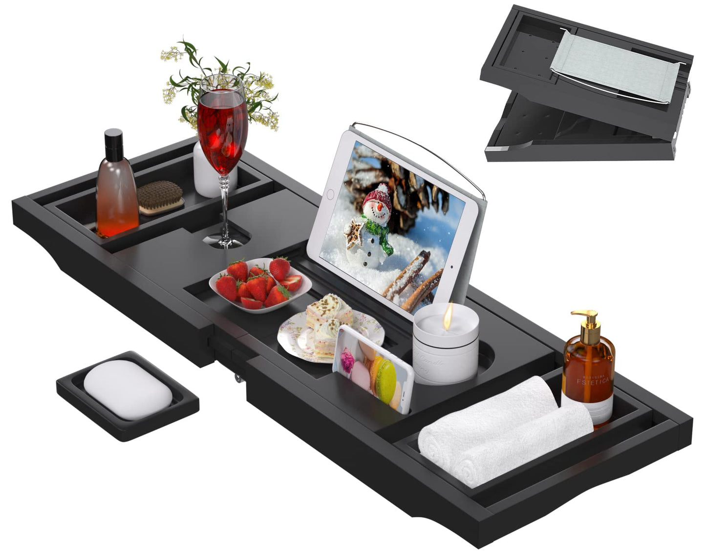 Artmalle Bathtub Caddy Tray - Expandable and Foldable Bath Tray for Tub, Luxury Bamboo Bath Caddy Tub Table, Bathtub Accessories with Book Holder and Free Soap Dish, Black