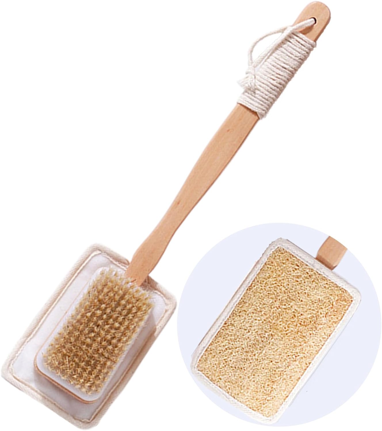 Back Scrubber for Shower with Bristles and Loofah, Body Scrubber for Exfoliating and Massage with Curved Long Handle, Wet or Dry Brushing Body Brush for Men and Women