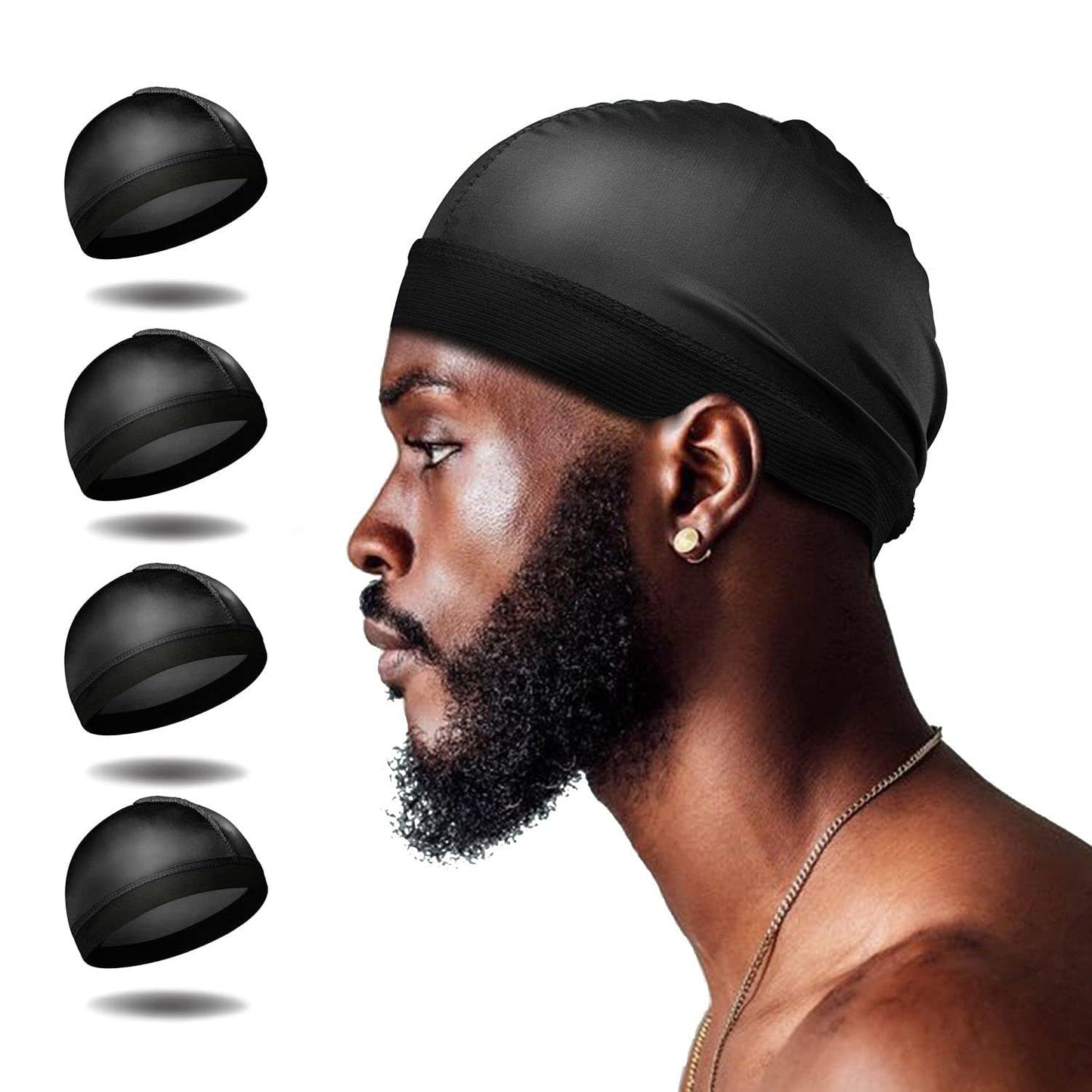 4Pcs Wave Cap, Silk Stocking Wave Caps for 360 Waves, Good Compression Over Silky Durag for Men, Large Size Stain Caps Suitable for Adult Wave(Black)