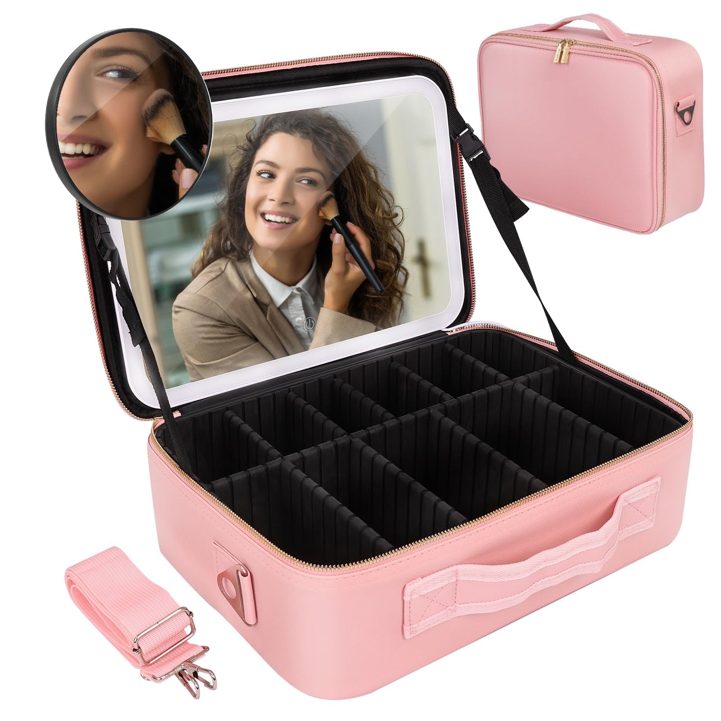 cenoz Makeup Bag With Mirror And Lights, 【Super Large】 Capacity Cosmetics Train Case with LED Lighted Mirror Rechargeable 3 Color Lights Adjustable Brightness, Makeup Bag Organizer (Pink)