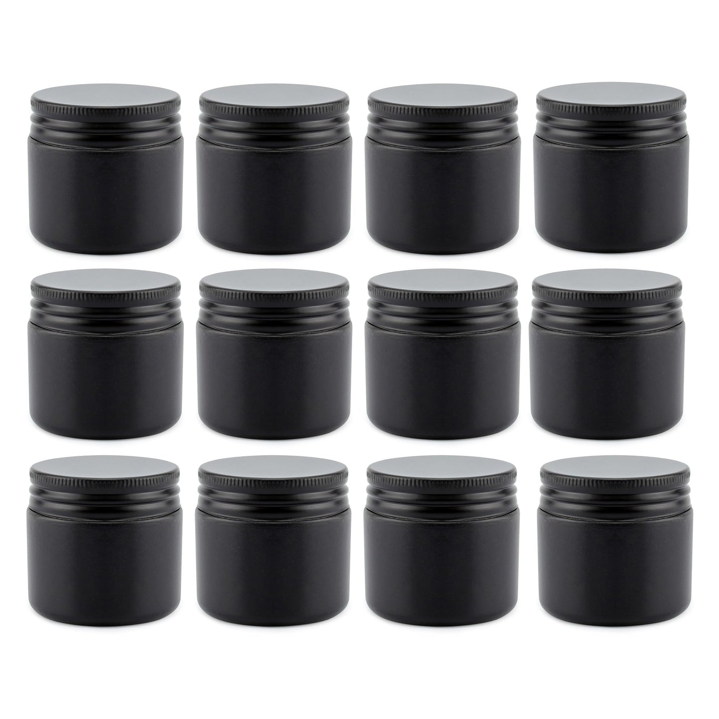 Cornucopia 2-Ounce Black Coated Glass Jars (12-Pack); Cosmetic Jars with Black Metal Lids and Black Matte Exterior