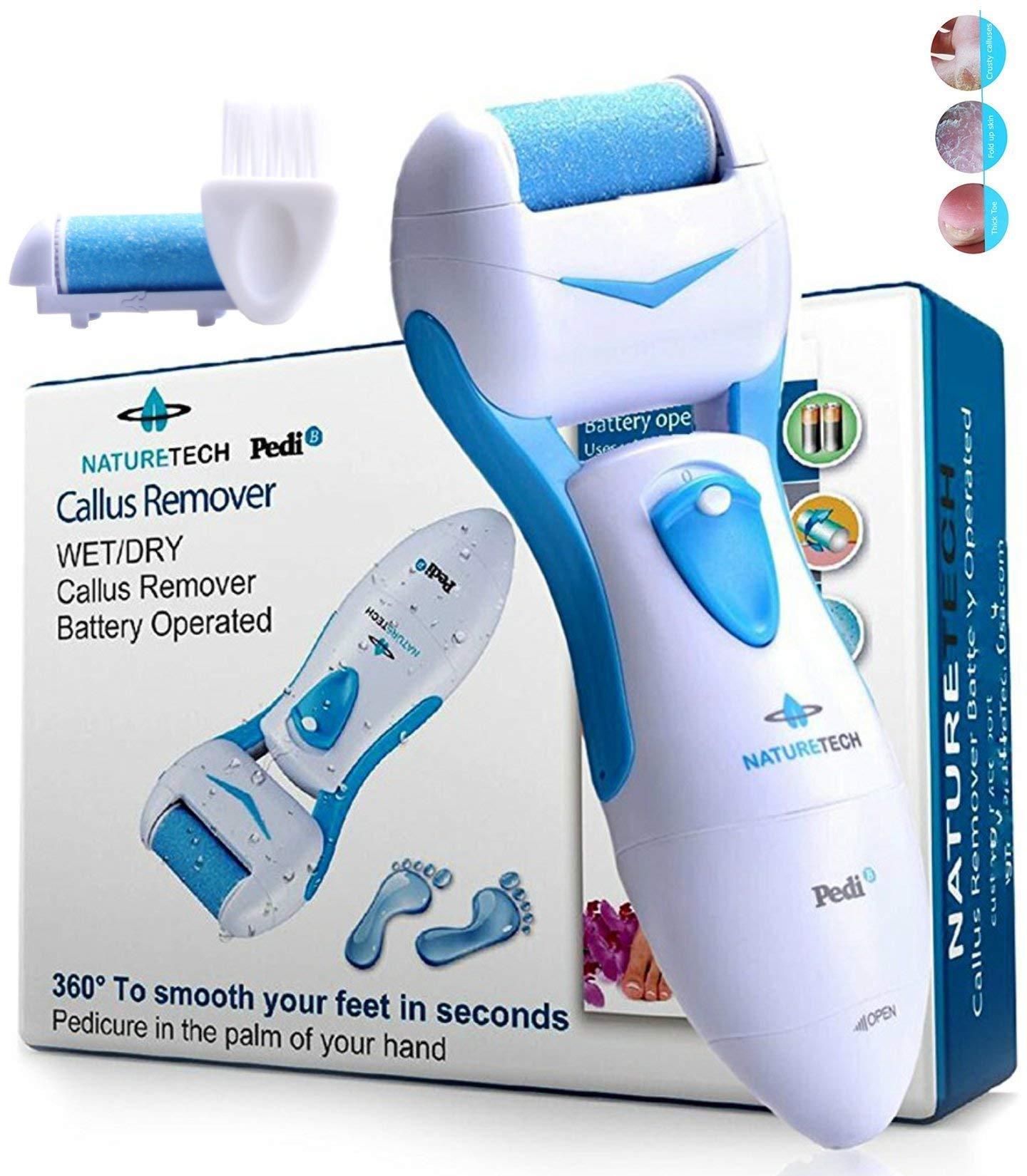Nature Tech Pedi Electronic Pedicure Foot File - Callus Remover and Shaver for Dry Feet & Cracked Heels ✮ 1 Extra Mineral Pumice Stone Roller Head ✮ Show Immediate Results ✮ for Men & Woman (Aqua)