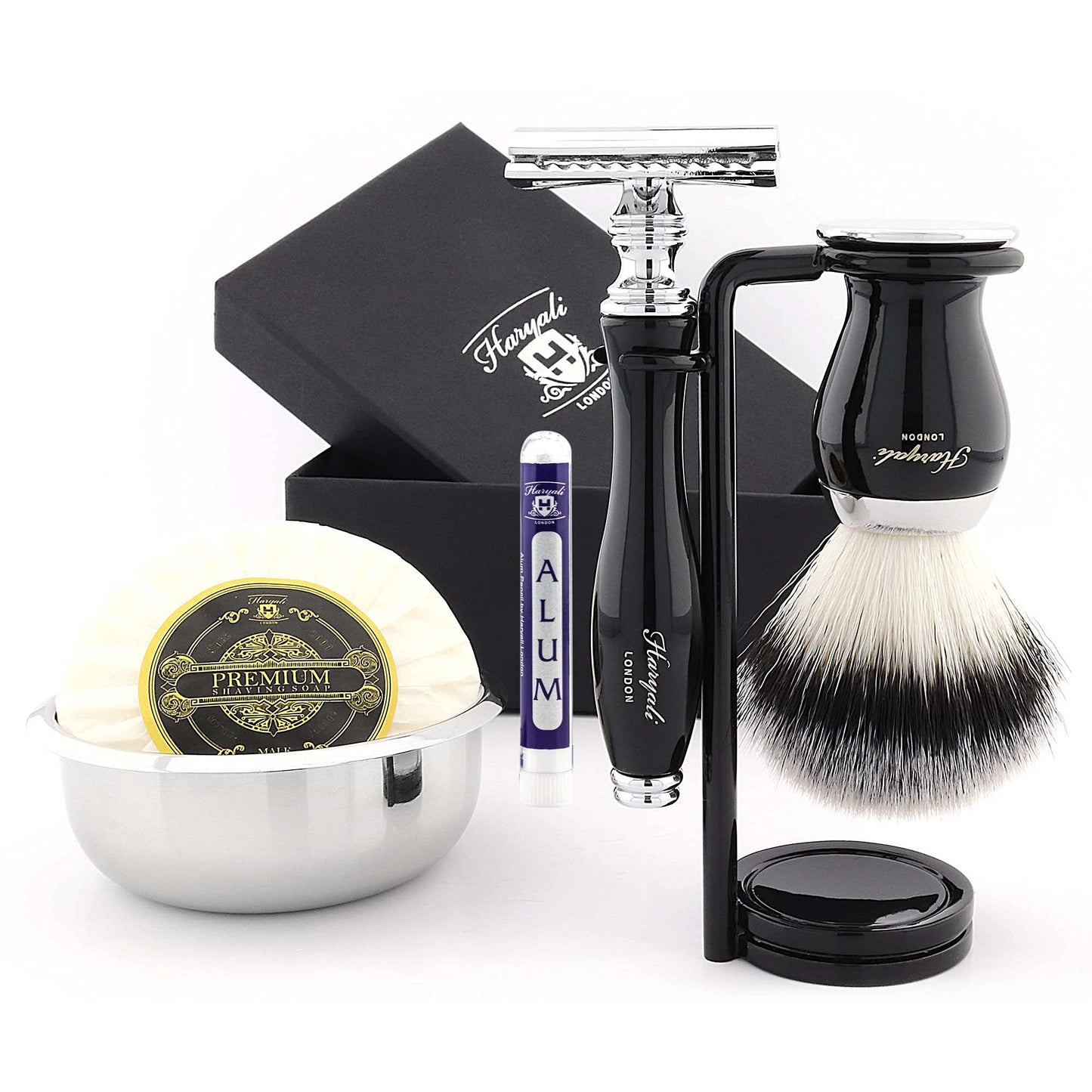 Haryali London 6 Pc Mens Shaving Kit Double Edge Shaving Razor with Synthetic Badger Hair Brush, Stand, Bowl, Soap and Alum Perfect New Year Gift for Men