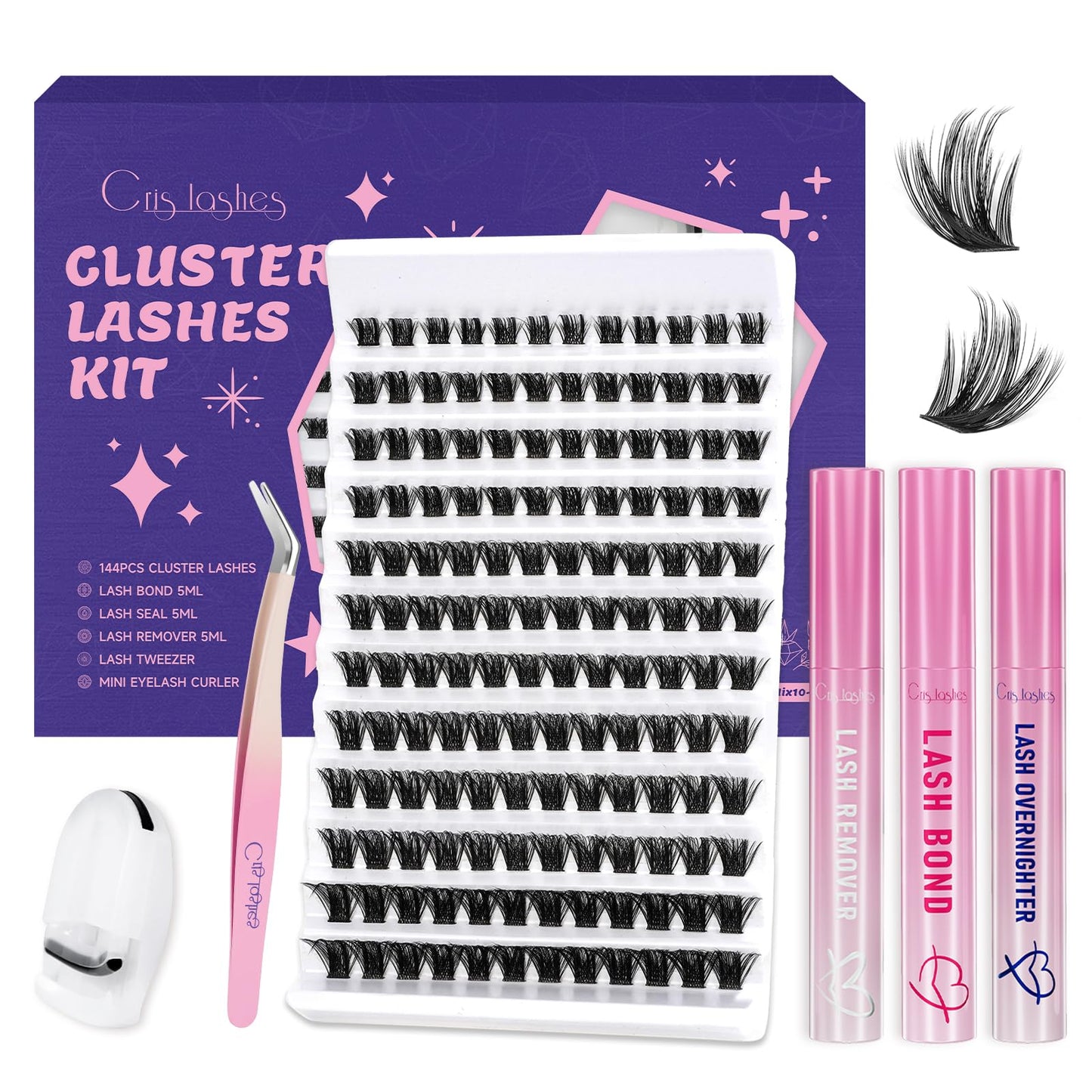 Crislashes DIY Lash Extension Kit, Mix10-18mm D Curl Lash Clusters Kit with Lash Bond and Seal, 144Pcs Eyelash Clusters Kit with Lash Remover, Lash Tweezer, Lash Curler for Self Application (6pcs Kit)