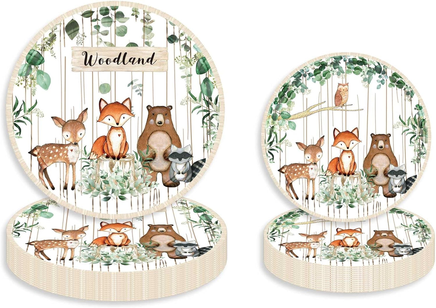 HEETON 64pcs Plates Woodland Baby Shower Party Supplies Decorations Fox Oh Baby Woodland Welcome Baby Creatures Animal Friends