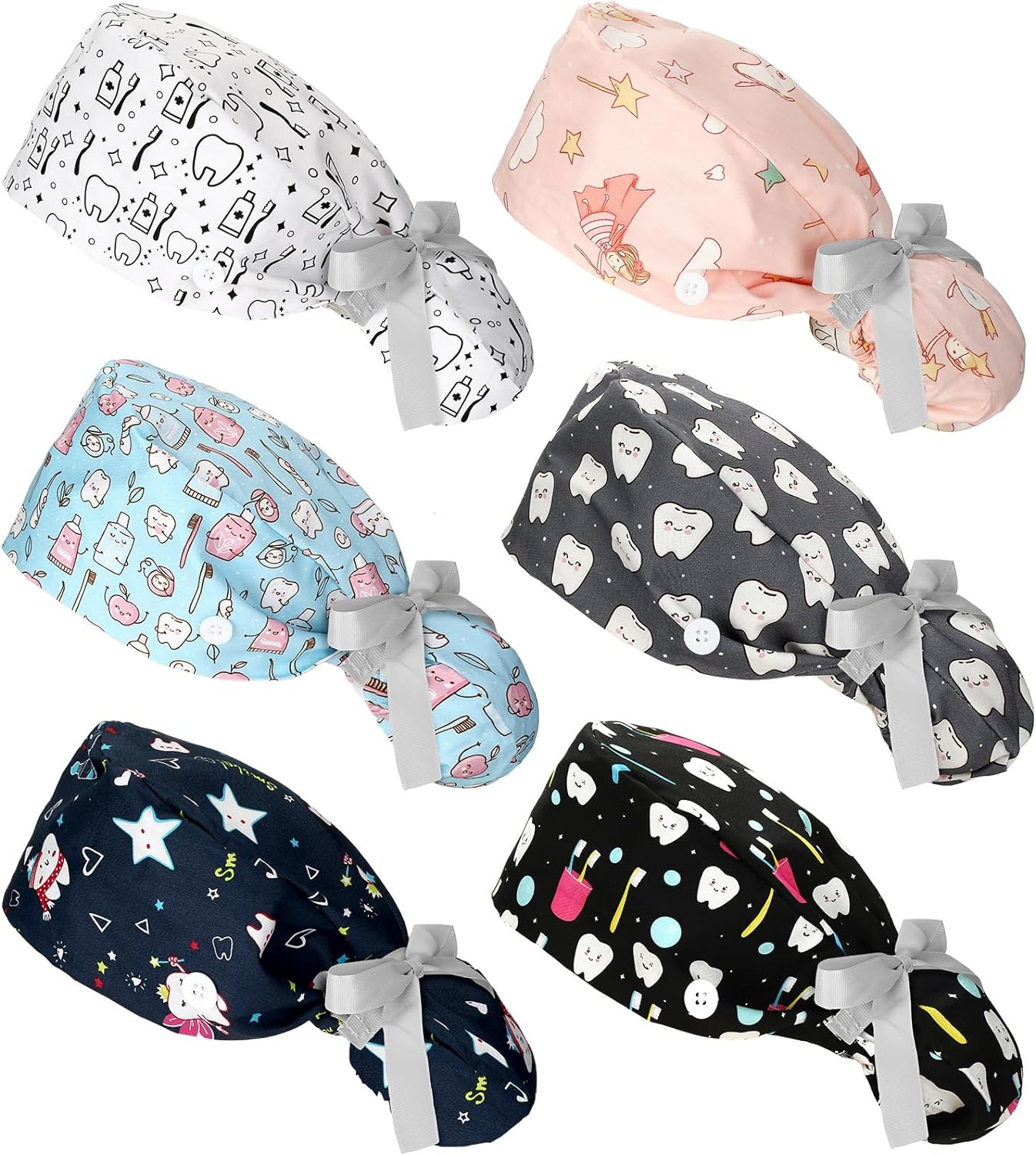 Honoson 6 Pcs Scrub Caps Women Dentist Nursing Hats Adjustable Bouffant Nurse Hats Ponytail Turban Hats