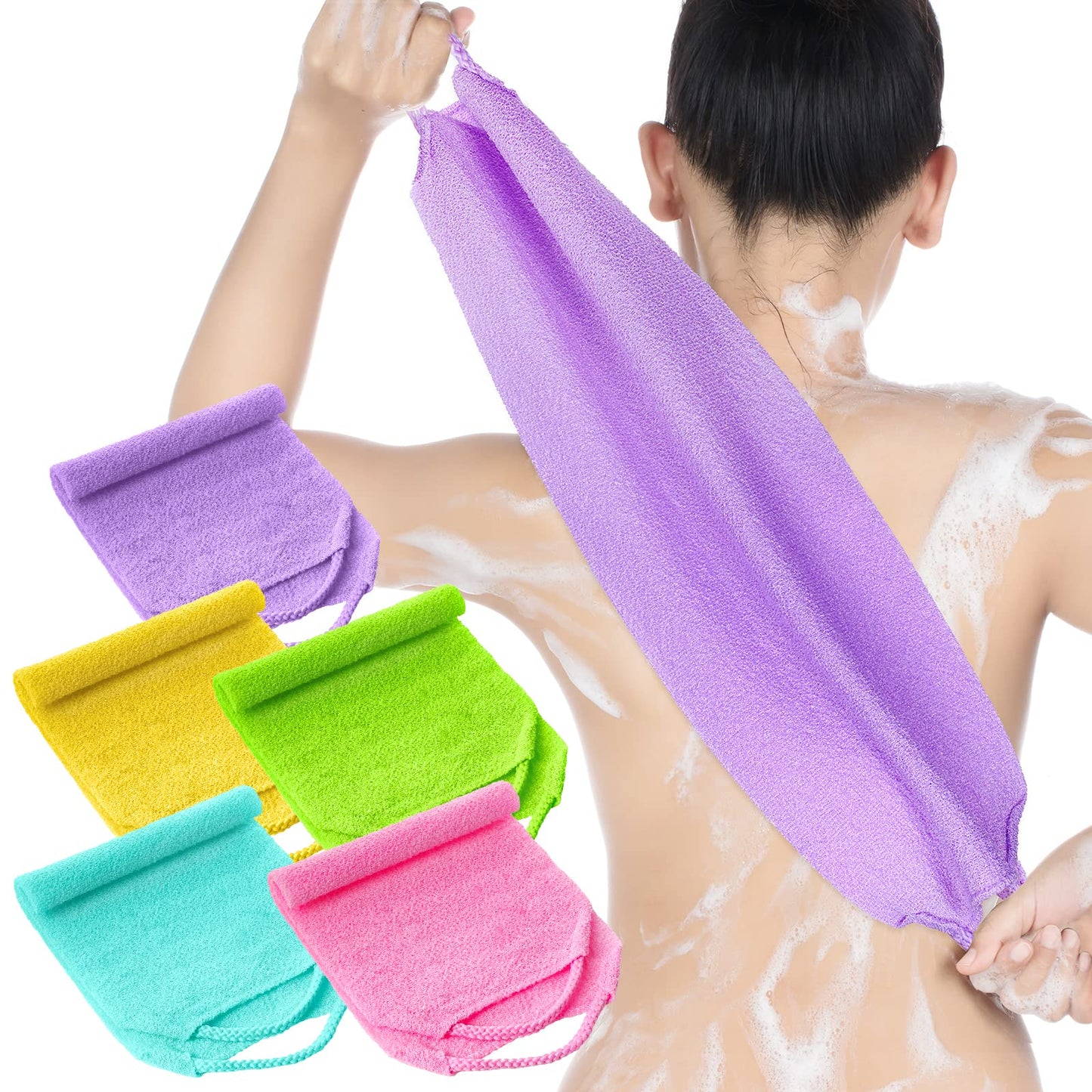 5 Pcs Back Scrubber for Shower Exfoliating Body Scrubber Exfoliating with Handles Washcloth Towel Pull Strap Shower Scrubber for Body Cleans Skin Massages for Women Men One Size
