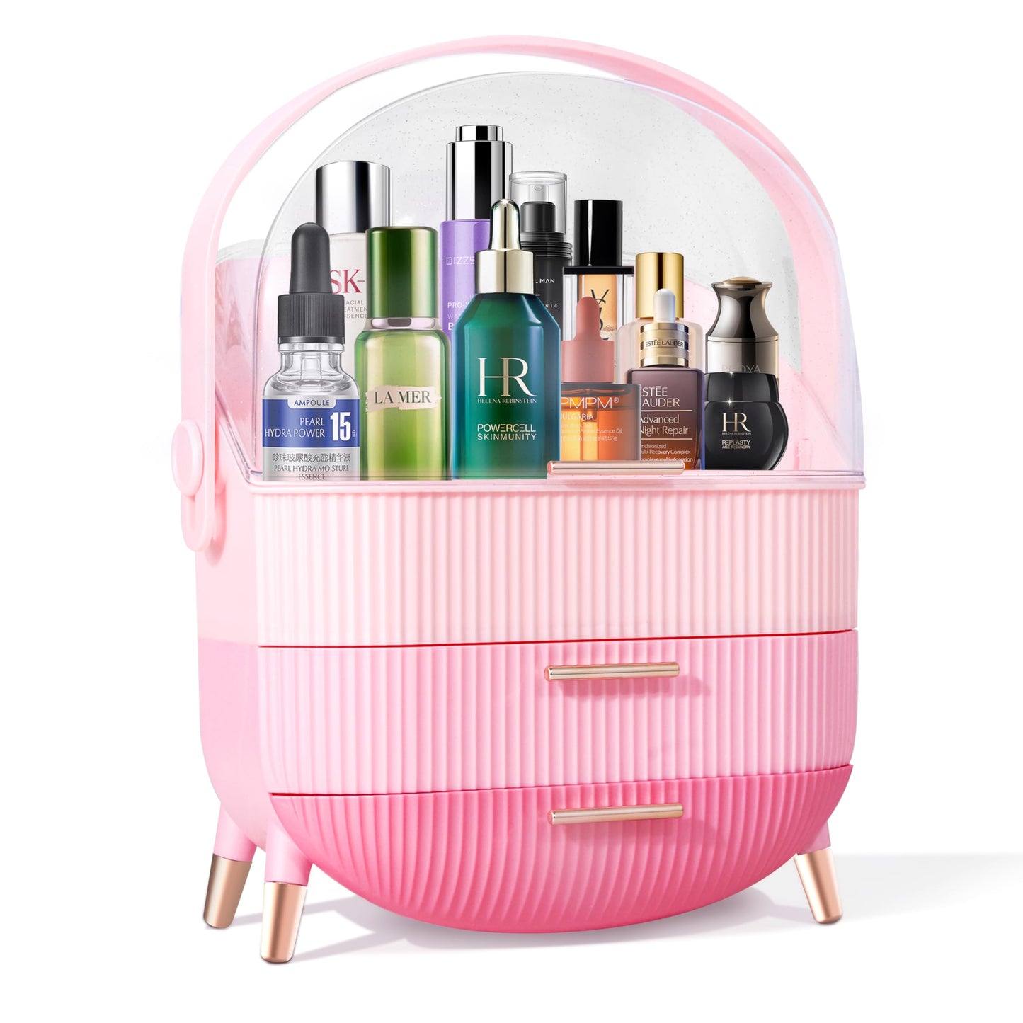 IGDMM Preppy Makeup Organizers,Skincare Organizer for College Students,Portable Cosmetic Organizer Makeup Caddy for Dorm,Bathroom,Dresser Cosmetic Storage Box. (TriplePink)