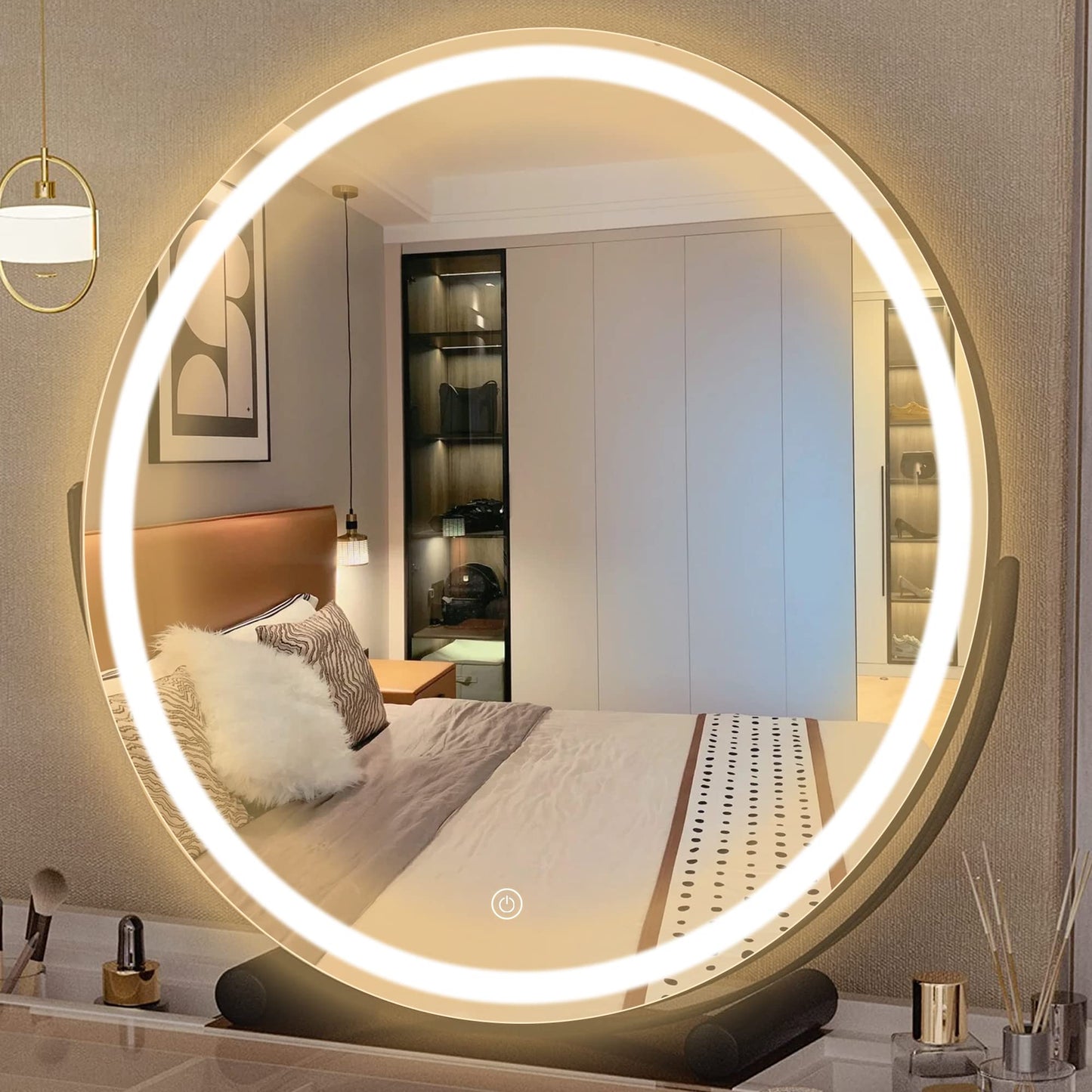 Hasipu Vanity Mirror with Lights, 18" LED Lighted, Smart Touch Control 3 Colors Dimmable Round Mirror 360°Rotation Black
