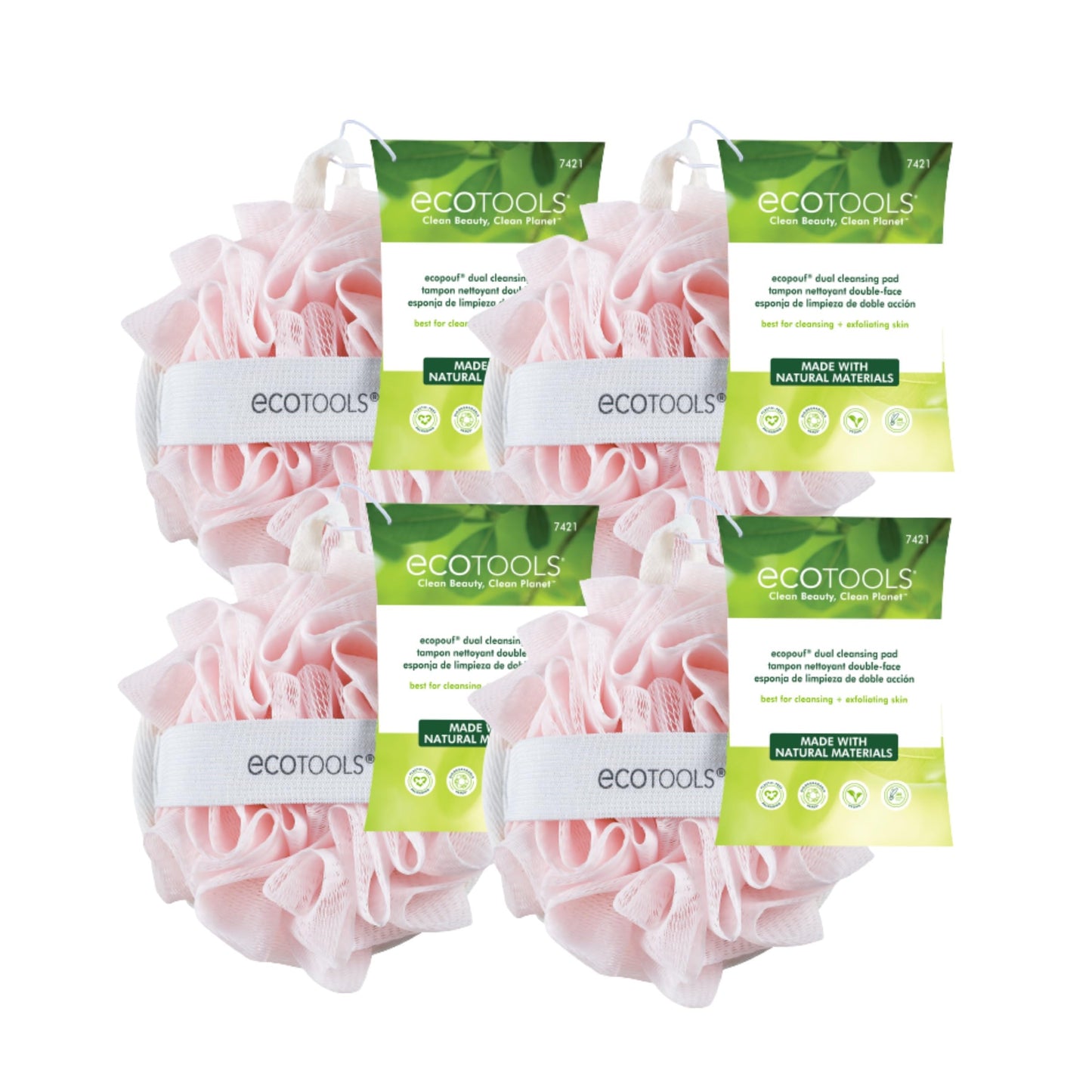 EcoTools EcoPouf Dual Cleansing Pad, Multipurpose Gentle Cleansing Body Scrubber, 2-in-1 Bath Sponge, Exfoliating for Shower & Bath, Recycled Netting, Vegan & Cruelty-Free, Pink, 4 Count