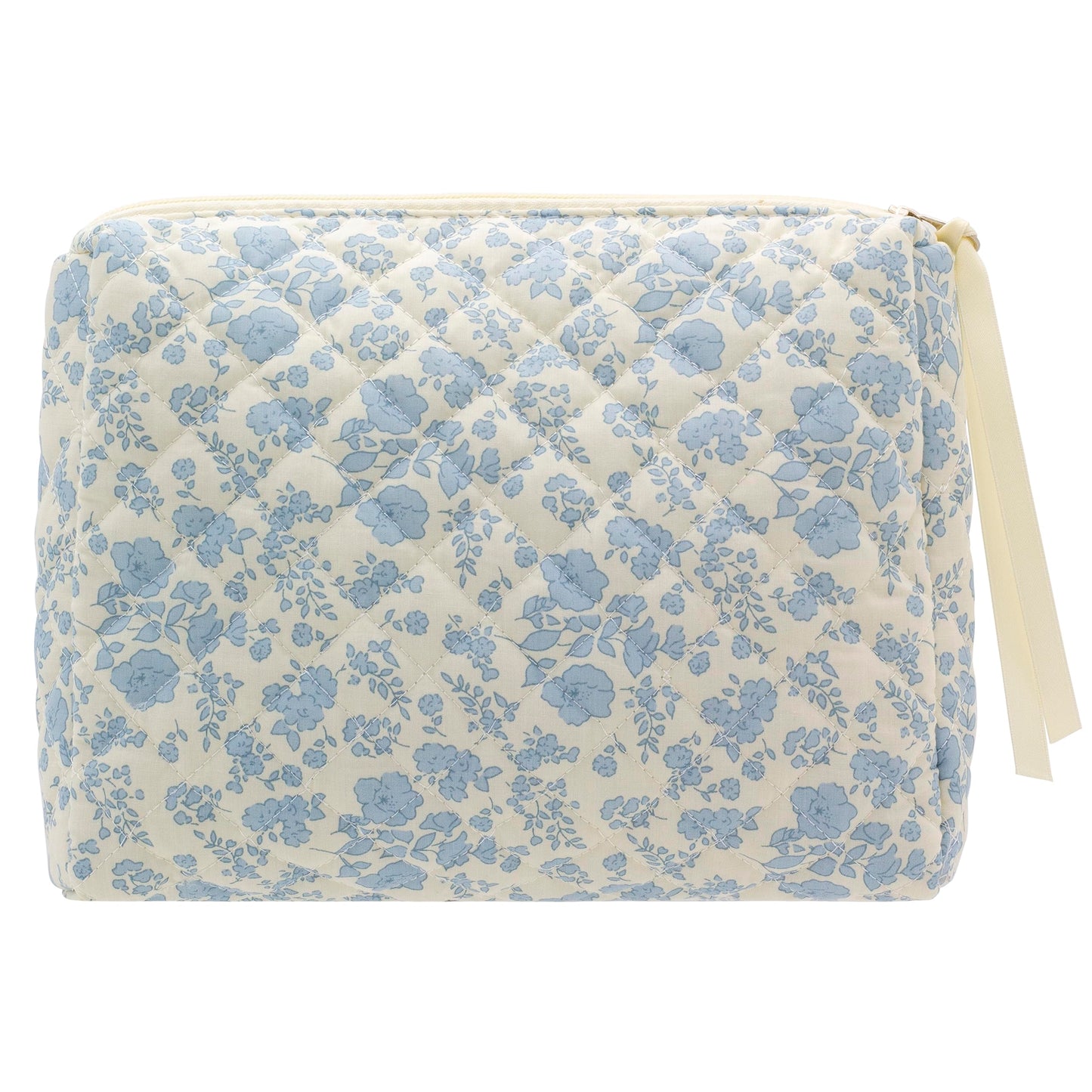 PAZIMIIK Cotton Makeup Bag for Women Large Quilted Travel Cosmetic Pouch Girls' Make Up Organizer,Little Flower Blue