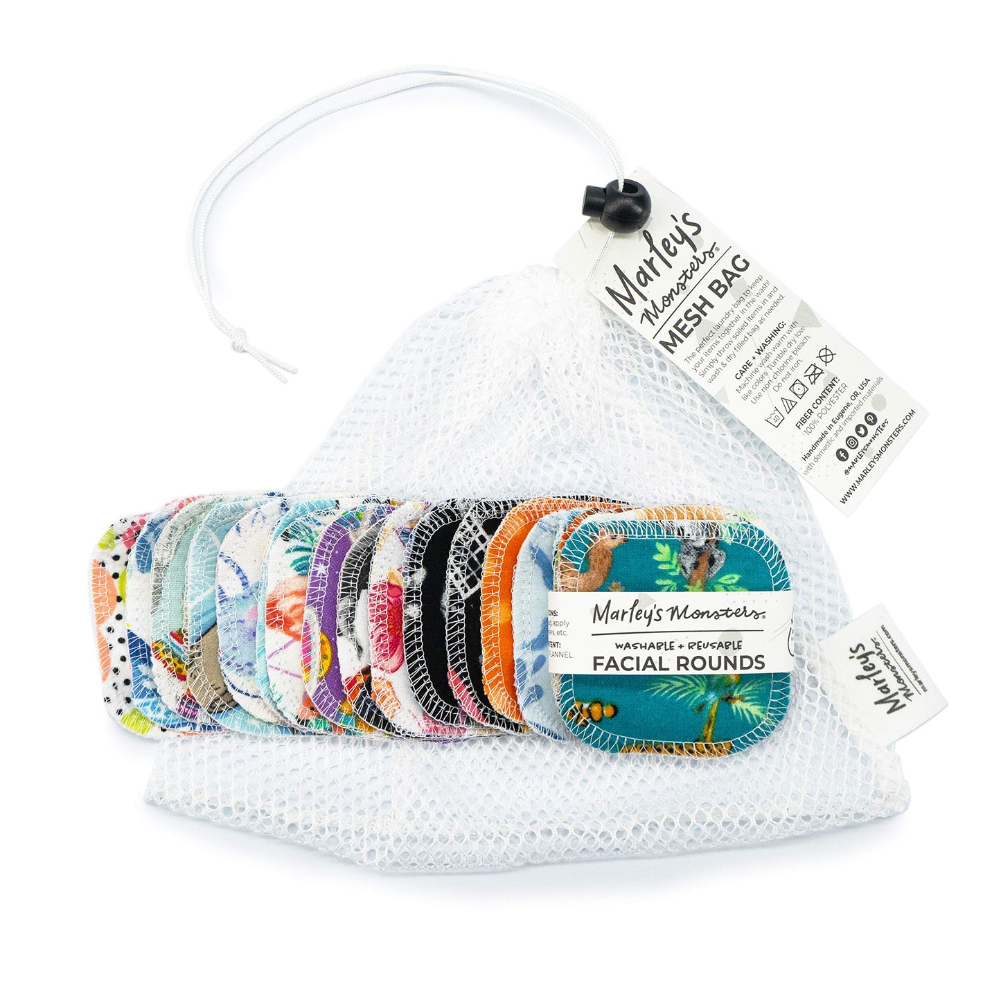 Marley's Monsters Facial Rounds 20 Count Pack + Laundry Bag - Soft and Reusable Cotton Rounds (Surprise Prints)