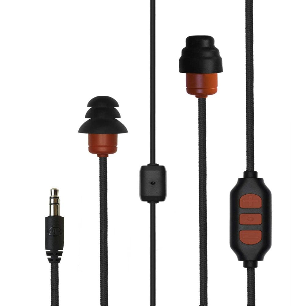 Plugfones Protector plus VL In-Ear Earplug Earbuds, Noise Reduction Headphones with Noise Isolating Mic and Controls, Black & Red