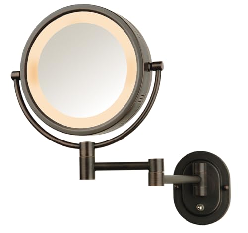 JERDON Two-Sided Wall-Mounted Makeup Mirror with Halo Lighting - Lighted Makeup Mirror with 5X Magnification & Wall-Mount Arm - Plug in Round Mirror with Bronze Finish Wall Mount - Model HL65BZ