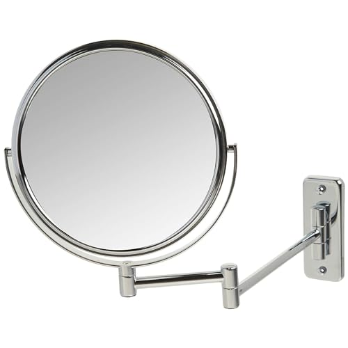 JERDON Two-Sided Wall-Mounted Makeup Mirror - Makeup Mirror with 5X Magnification & Wall-Mount Arm - 8-Inch Diameter Mirror with Chrome Finish Wall Mount - Model JP7506CF