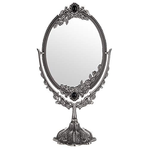 JUXYES Metal Tabletop Antique Decorative Makeup Mirror with Stand, Vintage Swivel Double Sided Cosmetic Mirror with Frame, Retro Desktop Oval Dressing Mirror for Bathroom Bedroom