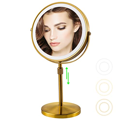2000mAh Lighted Makeup Mirror, Magnifying Mirror with Height Adjustable ,10X Rechargeable Vanity Mirror with 3 Color Lights,Light Up Mirror with Magnification Cordless Cosmetic Mirror,Brushed Gold