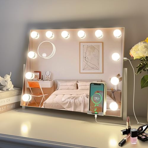 LuxeVue Vanity Mirror with Lights, Lighted Makeup Mirror with 12 LED, 3 Color Modes & Touch Control, Phone Holder, Detachable 10X Magnification, USB Charging Port,Metal Frame,White