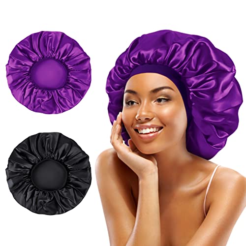 Facynos Large Women Silk Satin-Bonnet - 2 PCS Extra Soft Elastic Band Sleeping Caps for Curly Dreadlock Braid Hair