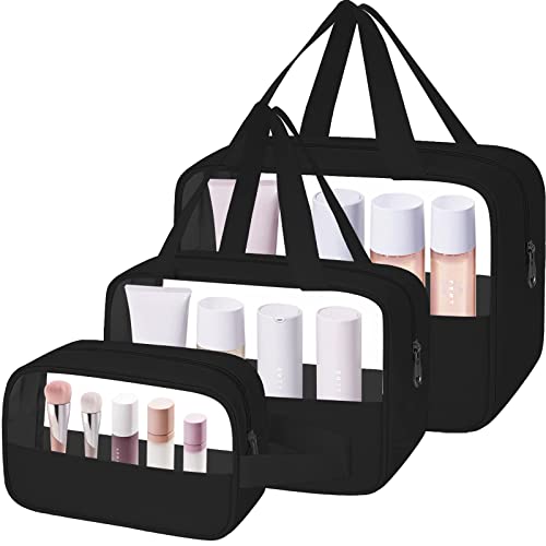 Noozion Clear Frosted Makeup Bag 3 Pieces Toiletry Bag Portable Cosmetic Pouch Travel Organizer Water-resistant Translucent Purse for Women and Girls (Black)