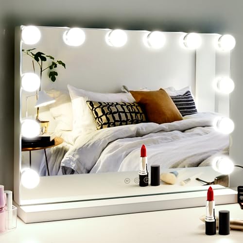M MIVONDA Lighted Makeup Vanity Hollywood Mirror with 3 Color Lights Dimmable LED Bulbs with 10X Magnification, 2in1 Tabletop and Wall-Mounted Mirror with Plug-in and USB Charger Port