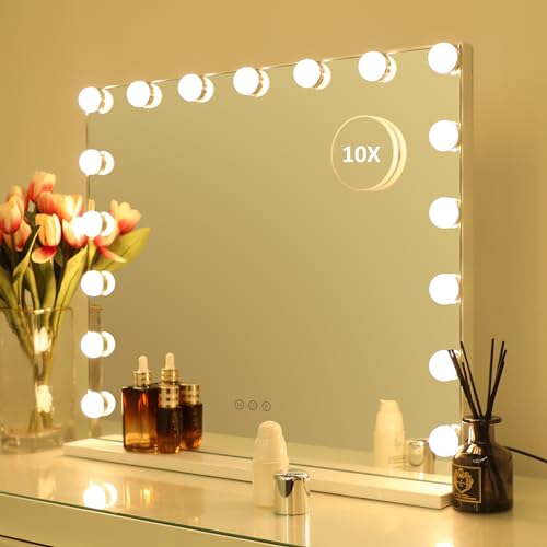 HOMPEN Hollywood Vanity Mirror Makeup Mirror with Lights, Touch Screen, 3 Color Modes Frameless Tabletop Mirror with 17 Dimmable Bulbs, White