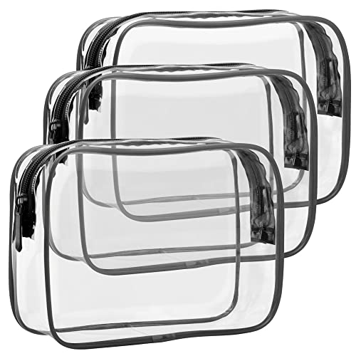 F-color Clear Makeup Bags - Clear Travel Bags for Toiletries 3 Pack TSA Approved Toiletry Bag Clear Toiletry bags Quart Size Travel Bag, Carry on Airport Airline Compliant Bag, Pure Black
