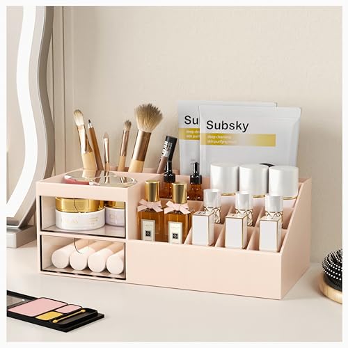 Subsky Makeup Organizer with Drawers, Easy Storage for Lipstick Brushes Eyeshadow Nail Polish, Multifunction Desk Organizer, Cosmetics Organizer for Countertop Dresser Vanity and Bathroom (Pink)