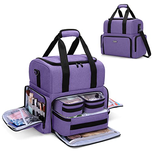 BAFASO 2 Layers Large Travel Makeup Bag with 3 Inner Removable Pouches, Hair Bag Cosmetic Bag Tattoo Kit Case with Detachable Dividers (Patent Pending), Purple