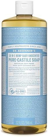 Dr. Bronner's - Pure-Castile Liquid Soap (Baby Unscented, 32 ounce, 2-Pack) - Made with Organic Oils, 18-in-1 Uses: Face, Hair, Laundry and Dishes, For Sensitive Skin and Babies, No Added Fragrance