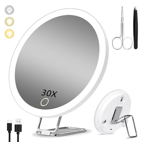 Magnifying Mirror with Light 30X, Large 6" Rechargeable 3 Colors Modes Dimming Lighted Makeup Mirror with 30X Magnification, LED Travel Magnified Mirror with 3 Suction Cups and 360° Table Stand