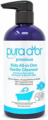 PURA D'OR Kids Wash (16oz) All-in-One Gentle Cleanser - USDA Biobased, Sulfate-Free, Tear-Less, Hypoallergenic, Premium, Shampoo & Bubble Bath