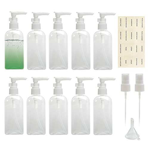Tancano 10pcs Travel Dispenser Bottle, 3.4oz Clear Small Dispenser Pump Bottle, Plastic Lotion Bottle with Pump & 2pcs Mist Sprayer & Small Funnel & Label for Soap/Shampoo/Conditioner/Body Wash