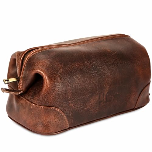 HLC Leather Toiletry Bag for Men - Best Gift for Men - Premium Genuine Leather Dopp Kit Shaving Kit Organizer Travel Kit Pouch Bag for Men - Large Size - Rustic Brown
