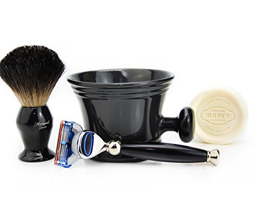 Haryali London 4 Pc Mens Shaving Kit 5 Edge Razor With Black Badger Hair Shaving Brush, Soap and Shaving Mug Set For Men